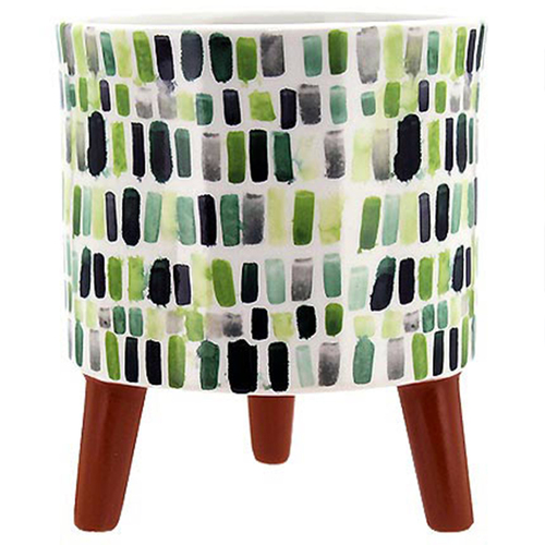 Green Mosaic Look Ceramic Pot Round w/Legs Watercolour Design 13x15.2cmH Succulent