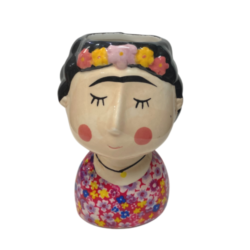 Small Frida Kahlo Head Pot Planter, Glazed Ceramic Mexican Style Flower 14cm