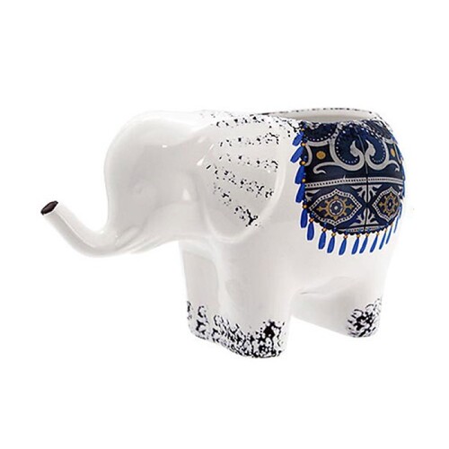 Navy Blue Pot Elephant 26x15x16cm Trunk Up Goodluck for Flowers, Plants, Herbs