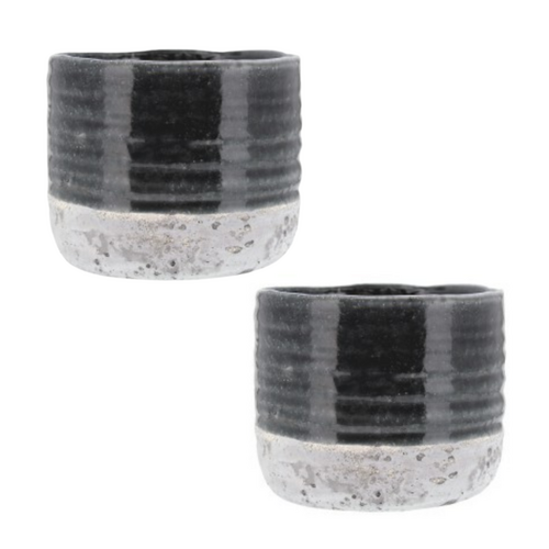 Pair of Grey Round Ceramic Pots, Flower Herb Small Planters 18cm Indoor Set