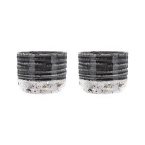 Pair of Grey Round Ceramic Pots, Flower Herb Small Planters 12.5cm Indoor Set