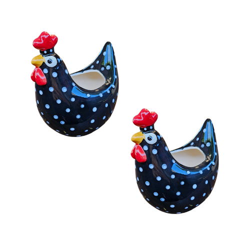 2x Black Hen Ceramic Pot Planters 19cm Polkadot Spotted Indoor Flower Pair Set