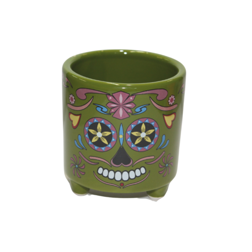 Halloween Sugar Skull w/ Feet Ceramic Pot Planter For Herbs & Cactus 1 Piece Green 7.2x7.7x7.7cm 