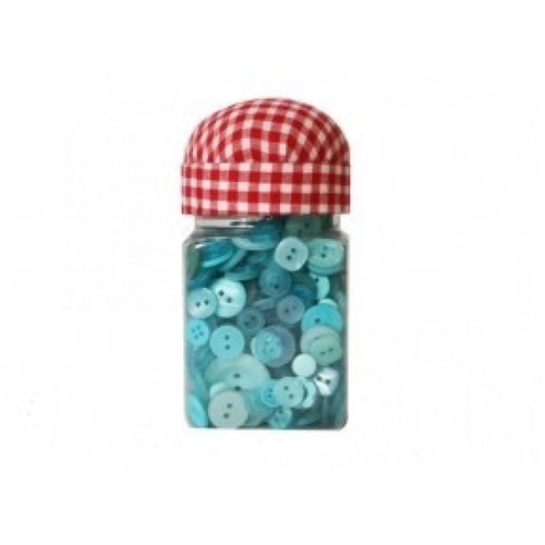 150g of BLUE Mixed Sized Craft / sewing Buttons in tub  with pin cushion lid