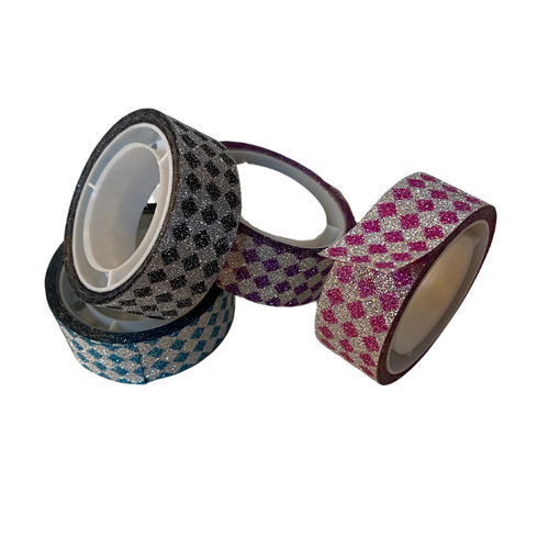 Glitter Adhesive Tape in Multicolour Silver Diamond Checkered Pattern, 4 Pack of 3m Rolls