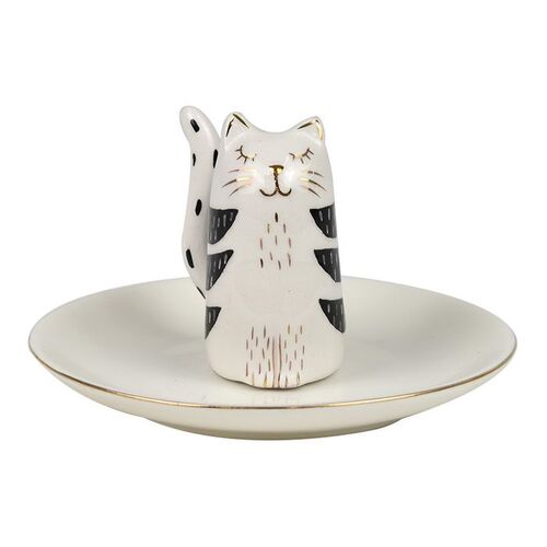 1pce 12cm Colin Cat Trinket Plate For Rings, Jewellery White & Black Ceramic Bath