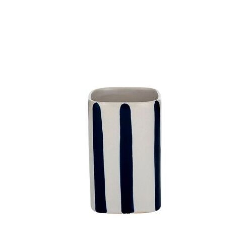 Ceramic Toothbrush Cup 11cm White & Navy Nautical Bathroom Decor