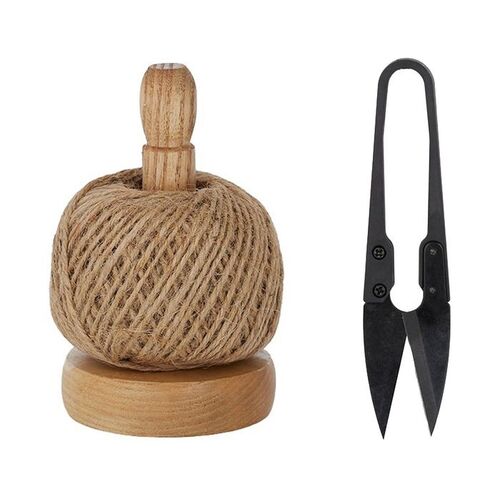 3pce Meg 15cm Wooden Twine Holder with Vintage Snips & Stand, Plant Care Natural