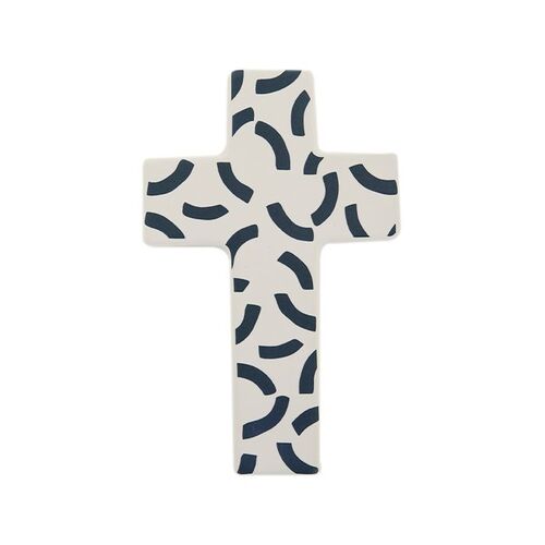1pce Curva Ceramic Crucifix Cross 10x16cm White & Navy Christian Wall Art D̩cor