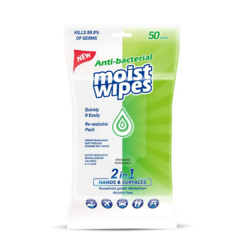Antibacterial Wet Wipes Disinfectant 2 in 1 Hands and Surfaces - 50 Pack
