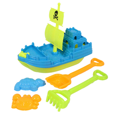 36cm Beach Boat Set, Spades and Sand Tools Blue, Orange & Green Plastic