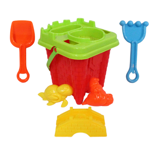 7pce Red Square Castle Beach Bucket Set 28x18cm Sand Games Moulds, Rake & Spade