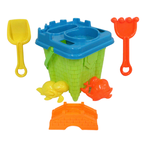 7pce Green Square Castle Beach Bucket Set 28x18cm Sand Games Moulds, Rake & Spade