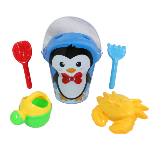 6pce Blue Penguin Round Beach Bucket Set 28x18cm Sand Fun Games Family And Kids