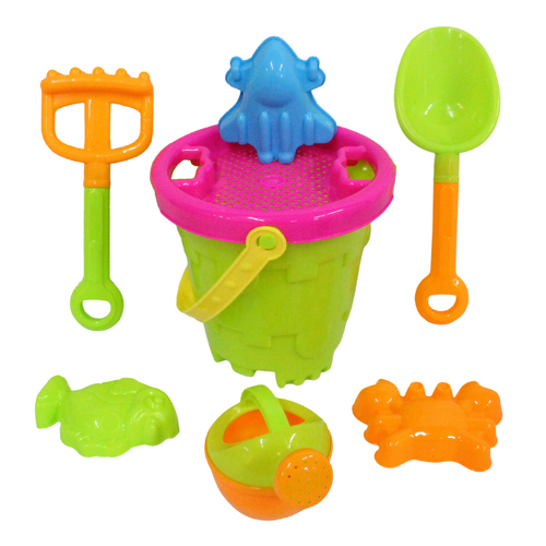 8pce Green Round Beach Bucket Set 30x16cm Sand Fun Games Moulds, Rake & Spade
