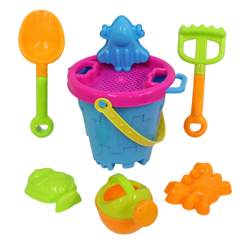 8pce Blue Round Beach Bucket Set 30x16cm Sand Fun Games Moulds, Rake & Spade