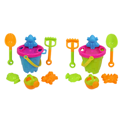 2x Beach Buckets Set 8pce Round 30x16cm Sand Fun Games Moulds, Rake & Spade