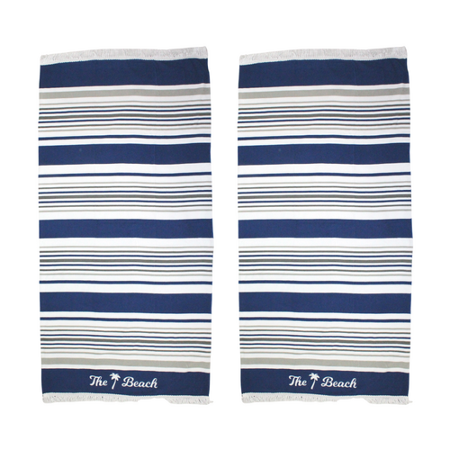 2x Fringe Beach Towels The Beach Striped Navy Blue & White Cotton 85x170cm Summer Bundled Set