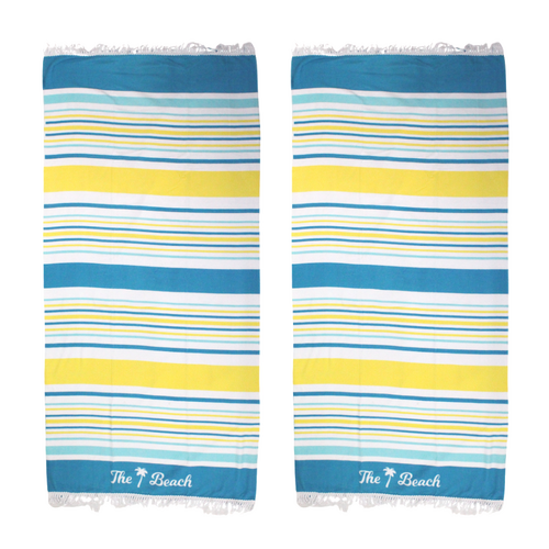 2x Fringe Beach Towels The Beach Striped Blue & Yellow Cotton 85x170cm Summer Bundled Set
