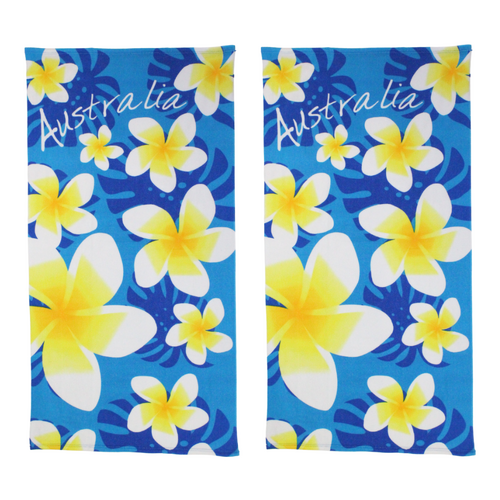 2x Beach Towels Australian Frangipani Flowers Blue Cotton 75x150cm Summer Bundled Set