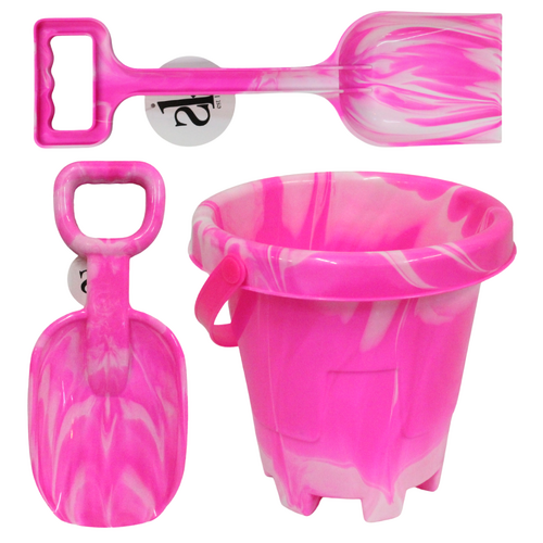 Pink Beach Bucket & Shovels 3pce Kids Summer Play Set Marble Look
