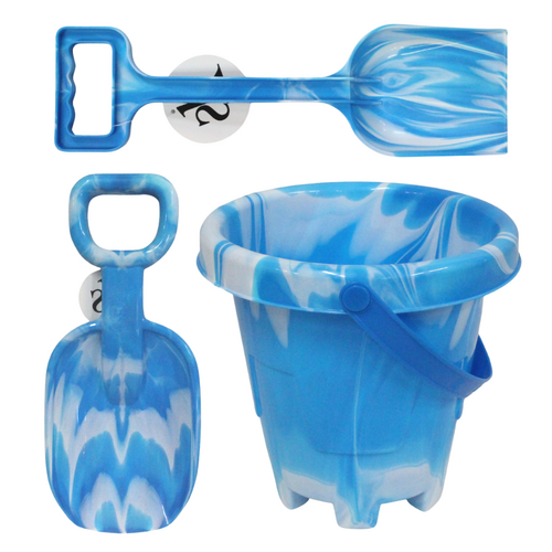 Blue Beach Bucket & Shovels 3pce Kids Summer Play Set Marble Look