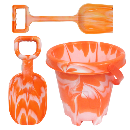 Orange Beach Bucket & Shovels 3pce Kids Summer Play Set Marble Look