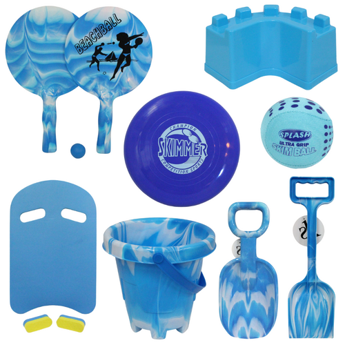 Blue Beach Toy Play Set 10pce Spade, Bucket, Ball, Bats, & Board, Kids Summer