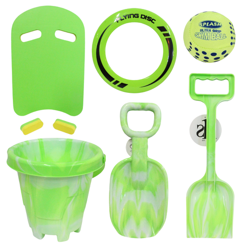 Green Beach Toy Play Set 6pce Spade, Bucket, Ball, Frisbee & Board, Kids Summer