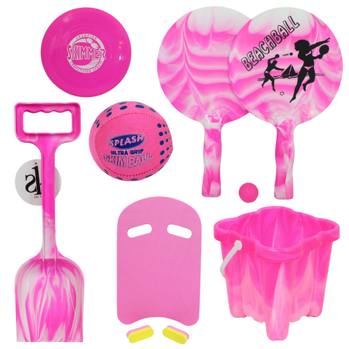 Pink Beach Toy Play Set 8pce Spade, Bucket, Ball, Bats, & Board, Kids Summer