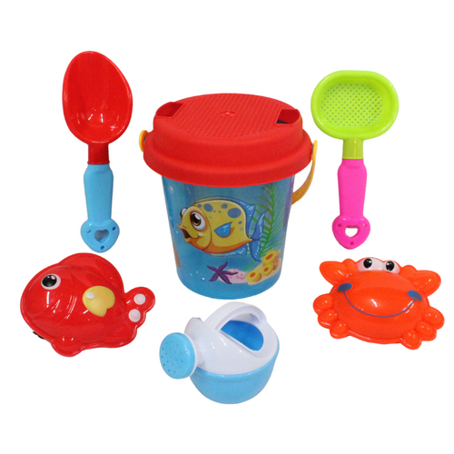 7pce Kids Sand Bucket Toys & Tools 28x17cm Set Red & Blue Plastic For The Beach