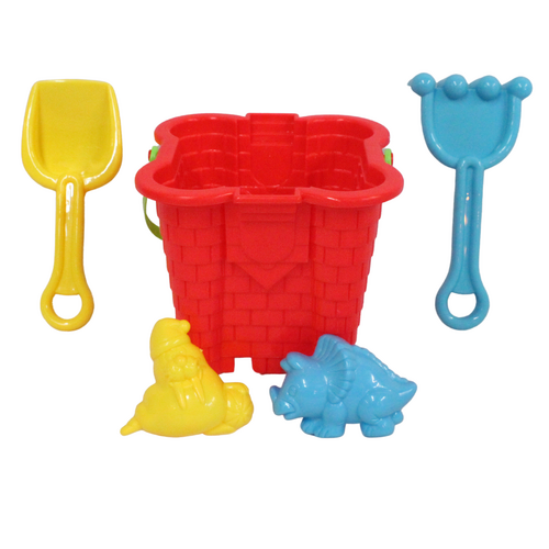 5pce Red Kids Sand Castle Bucket With Toys & Tools Set Plastic For The Beach