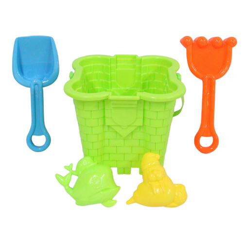 5pce Green Kids Sand Castle Bucket With Toys & Tools Set Plastic For The Beach