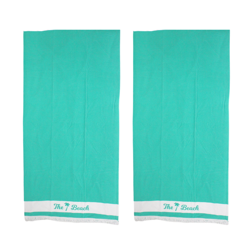 2x Fringe Beach Towels The Beach Aqua Blue/Green Cotton 85x170cm Summer Bundled Set