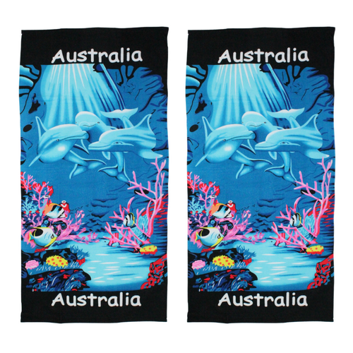 2x Kids Beach Towels Australian Dolphin & Pink Coral Blue Cotton 75x150cm Summer Bundled Set