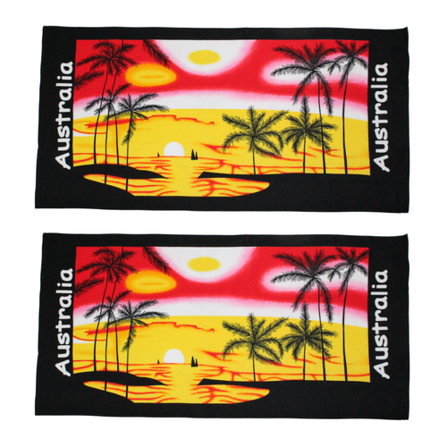2x Beach Towels Australian Tropical Sunset Red Cotton 75x150cm Summer Bundled Set