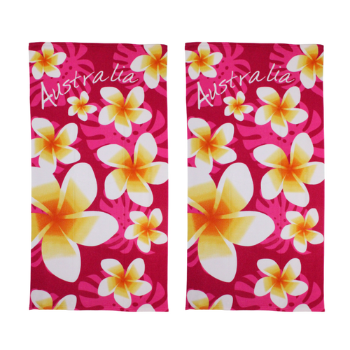 2x Beach Towels Australian Frangipani Flowers Pink Cotton 75x150cm Summer Bundled Set