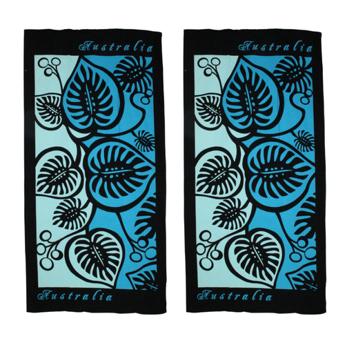 2x Beach Towels Australia Blue Leaf Design Cotton 75x150cm Summer Bundled Set