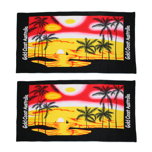 2x Beach Towels Gold Coast Tropical Sunset Red Cotton 75x150cm Summer Bundled Set