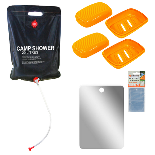 Camp Shower Set Soap Holders, Mirror & 20L Solar Shower with Nozzle 4pce
