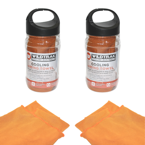 2x Cooling Towels Set In Holder 102x30.5cm Cools When Wet Reusable Orange