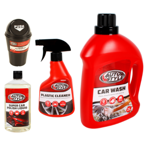 Auto Style Car Care Clean Essentials Kit Set, Polish, Wash & Bin Cup Holder