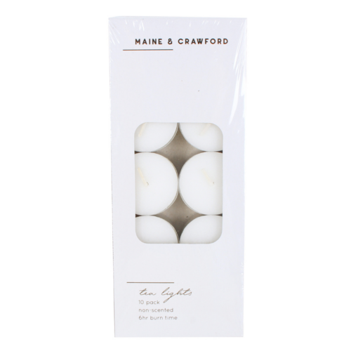 Maine & Crawford 10pce Unscented Tealights 6hr Burn, Classic Style