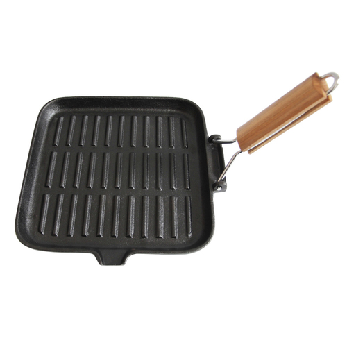 Camp Skillet Cooking Pan with Wooden Folding Handle 24x24cm Cast Iron