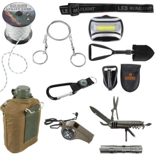 Camp Outdoors Survival Kit Tools, Torches, Bottle, Rope, Compass & Pickaxe Set