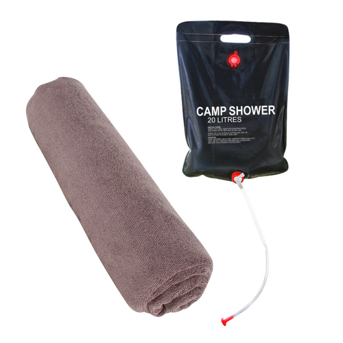 Camp Shower & Large Towel Set Quick Dry In Carry Bag Grey