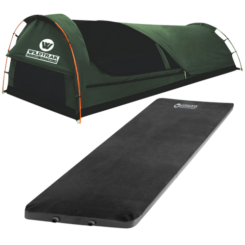 Single Swag + Self Inflating Foam Mattress 420gsm Canvas Tent With Carry Bag 210x90x80cm