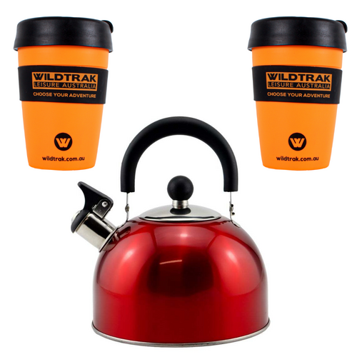 Tea Kettle & 2 Travel Mug Cups, Whistling 2.5L Stainless Steel Portable & Lightweight