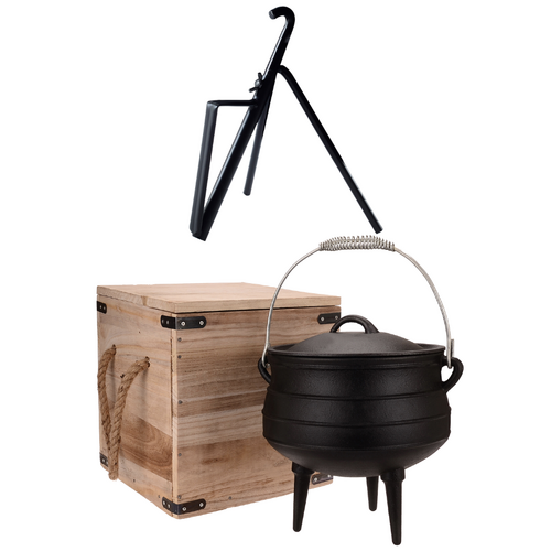 8L Potjie Camp Pot + Lid Lifter & Stand, with Legs Cast Iron 23x28cm In Box 10kg Weight