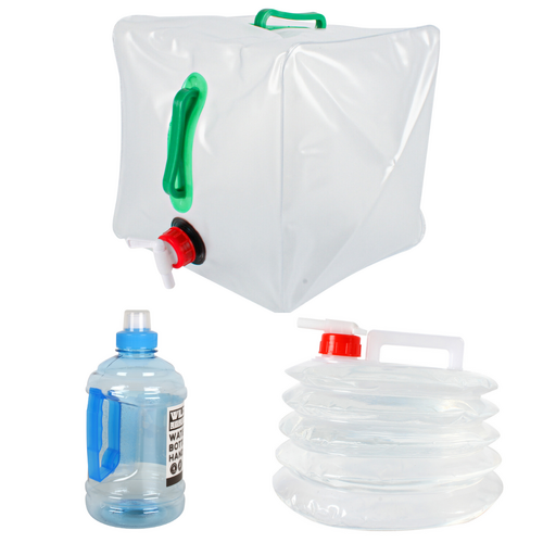 Water Travel Set 20L, 5L, 1L Carry Bottles 3pce Clear Collapsible Travel Compact